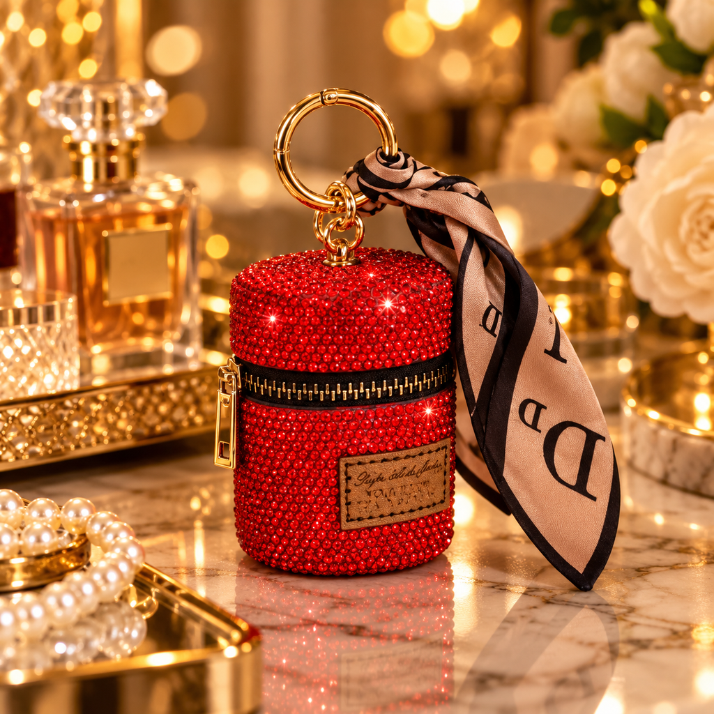 Porte-clé rouge mini pochette à strass avec fermeture zippée et foulard