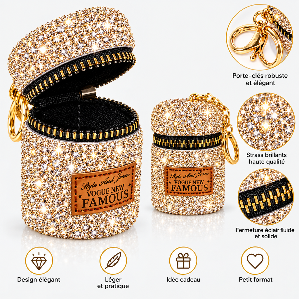 Porte-clé or mini pochette à strass avec fermeture zippée et foulard