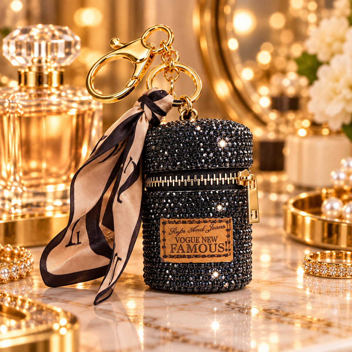Porte-clé Black mini pochette à strass avec fermeture zippée et foulard