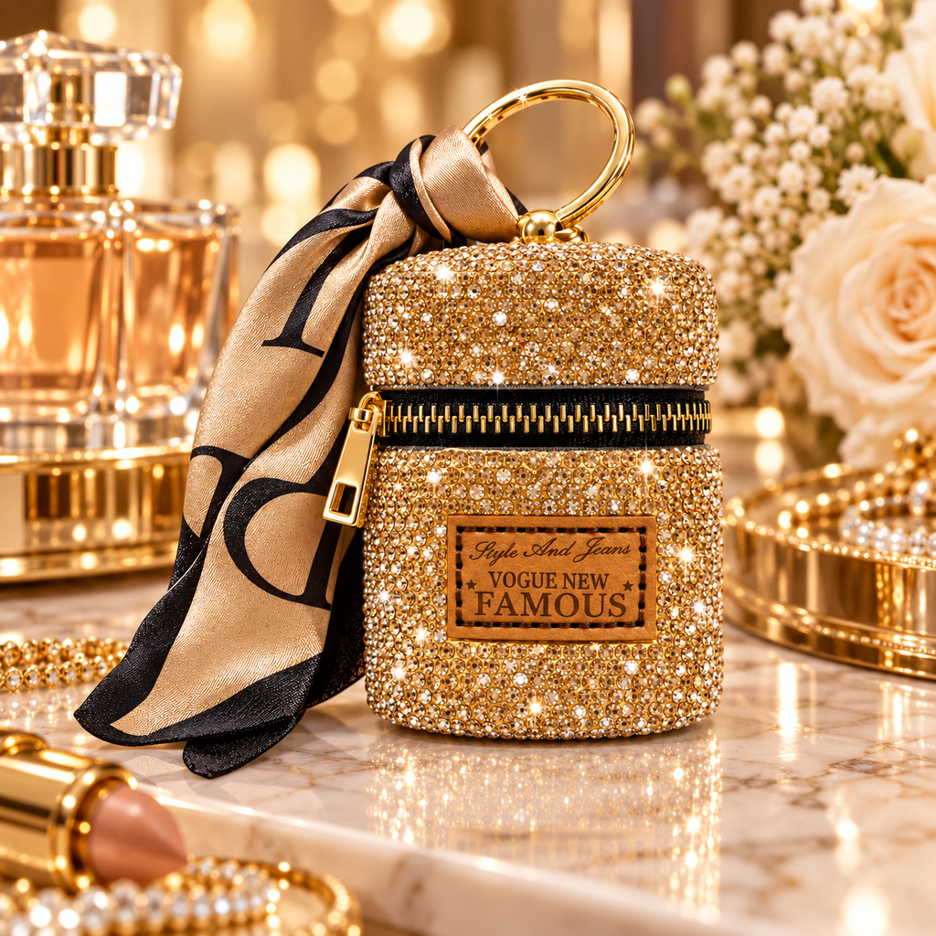 Porte-clé or mini pochette à strass avec fermeture zippée et foulard