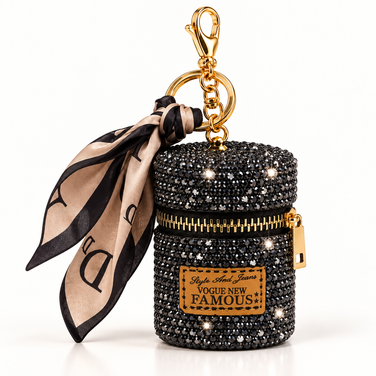 Porte-clé Black mini pochette à strass avec fermeture zippée et foulard