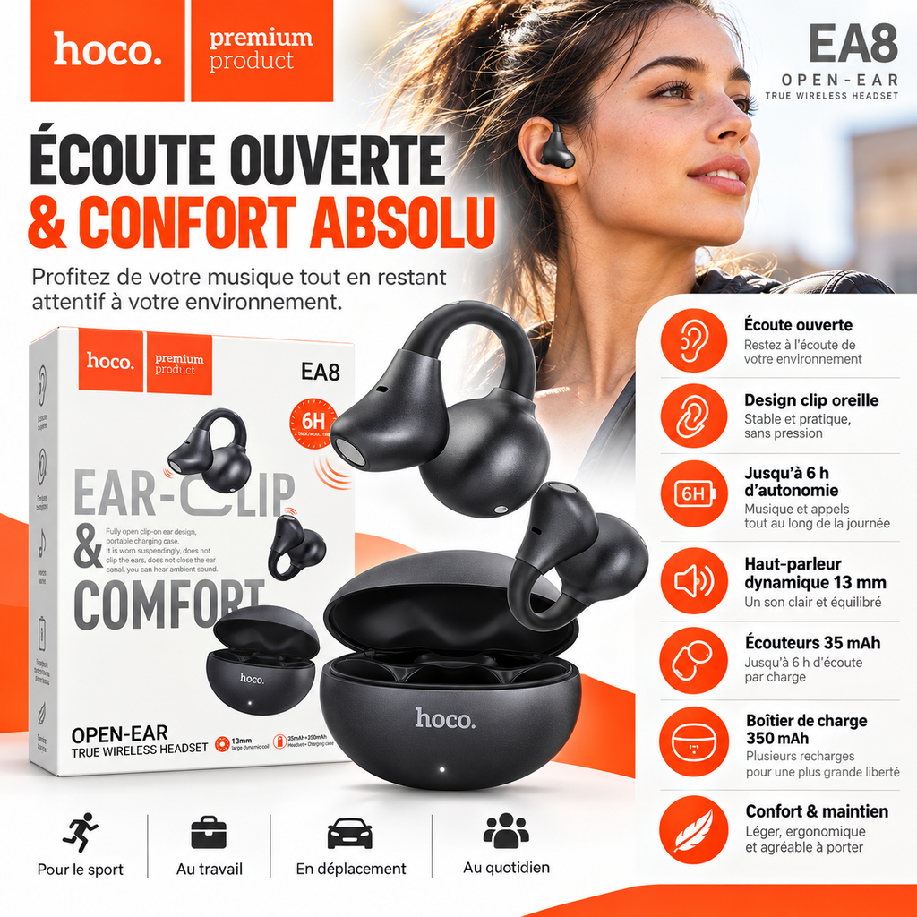 Écouteurs Hoco EA8 Open-Ear sans fil – Confort quotidien & autonomie jusqu’à 6 h