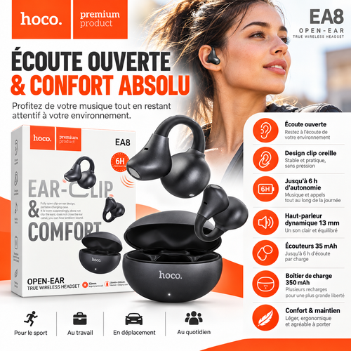Écouteurs Hoco EA8 Open-Ear sans fil – Confort quotidien & autonomie jusqu’à 6 h