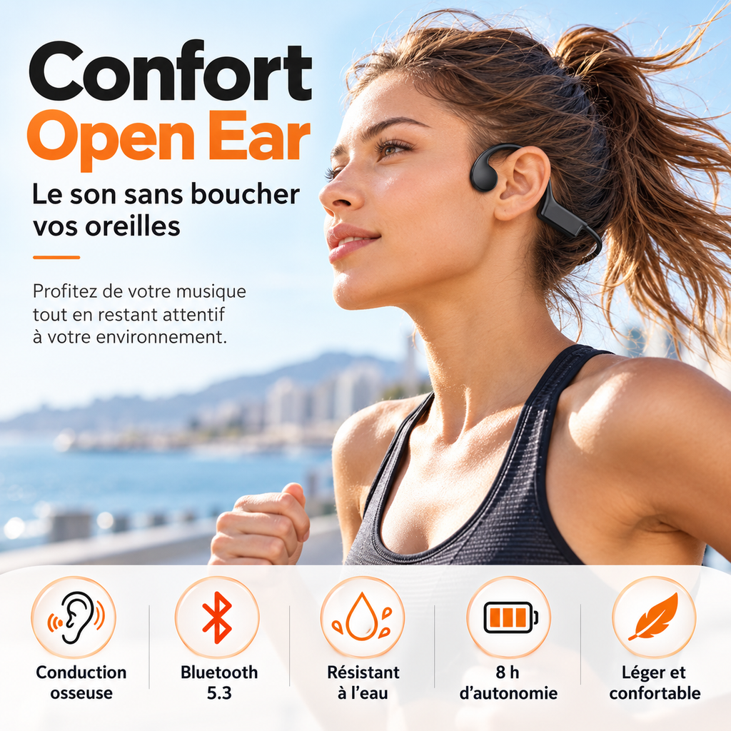 Casque Open Ear X7 à conduction osseuse – Bluetooth 5.3, IPX8 & mémoire 32 Go