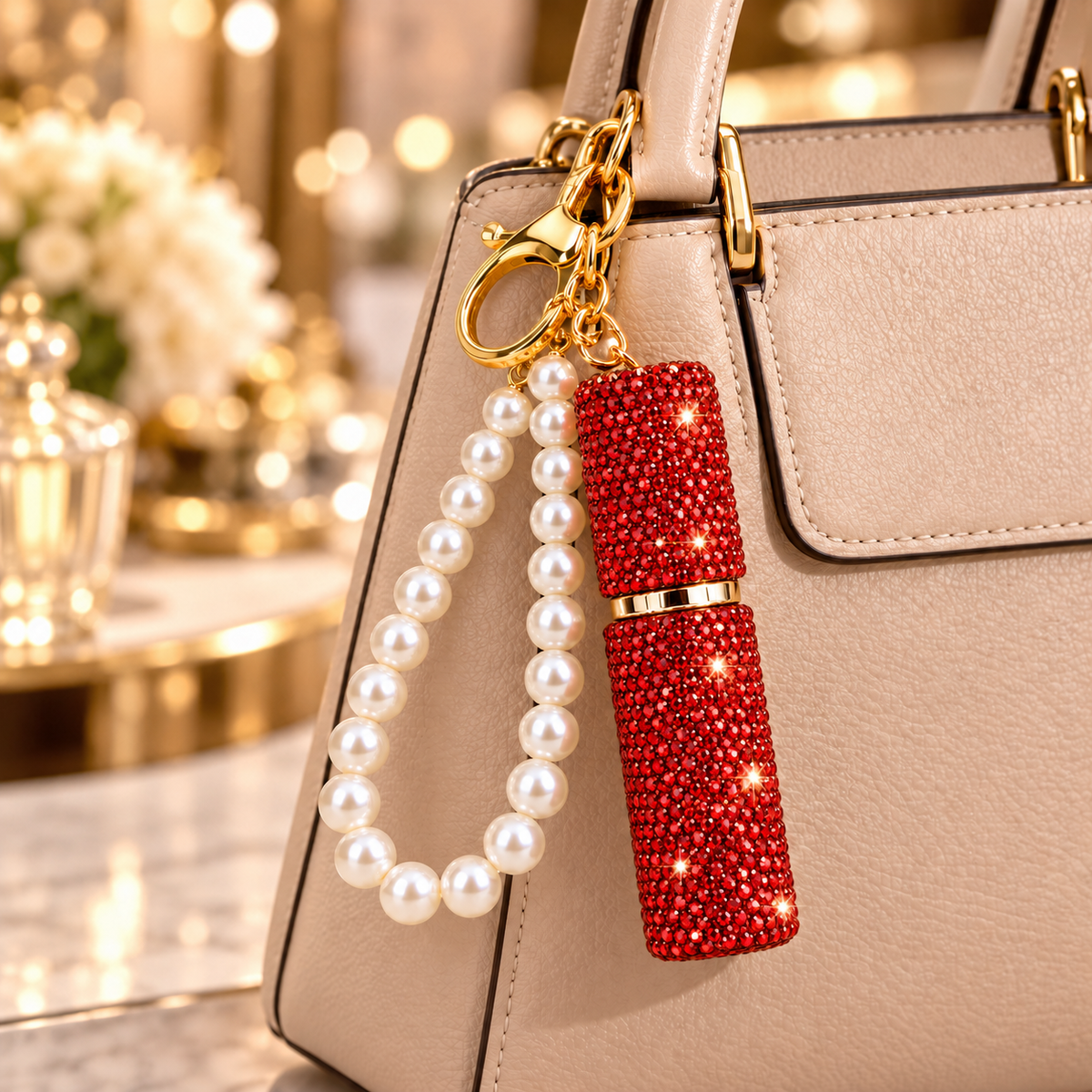 Porte-clé flacon rouge rechargeable de parfum à strass avec bracelet perlé