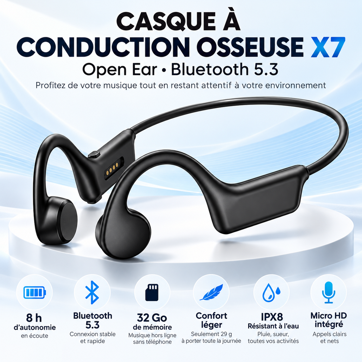 Casque Open Ear X7 à conduction osseuse – Bluetooth 5.3, IPX8 & mémoire 32 Go