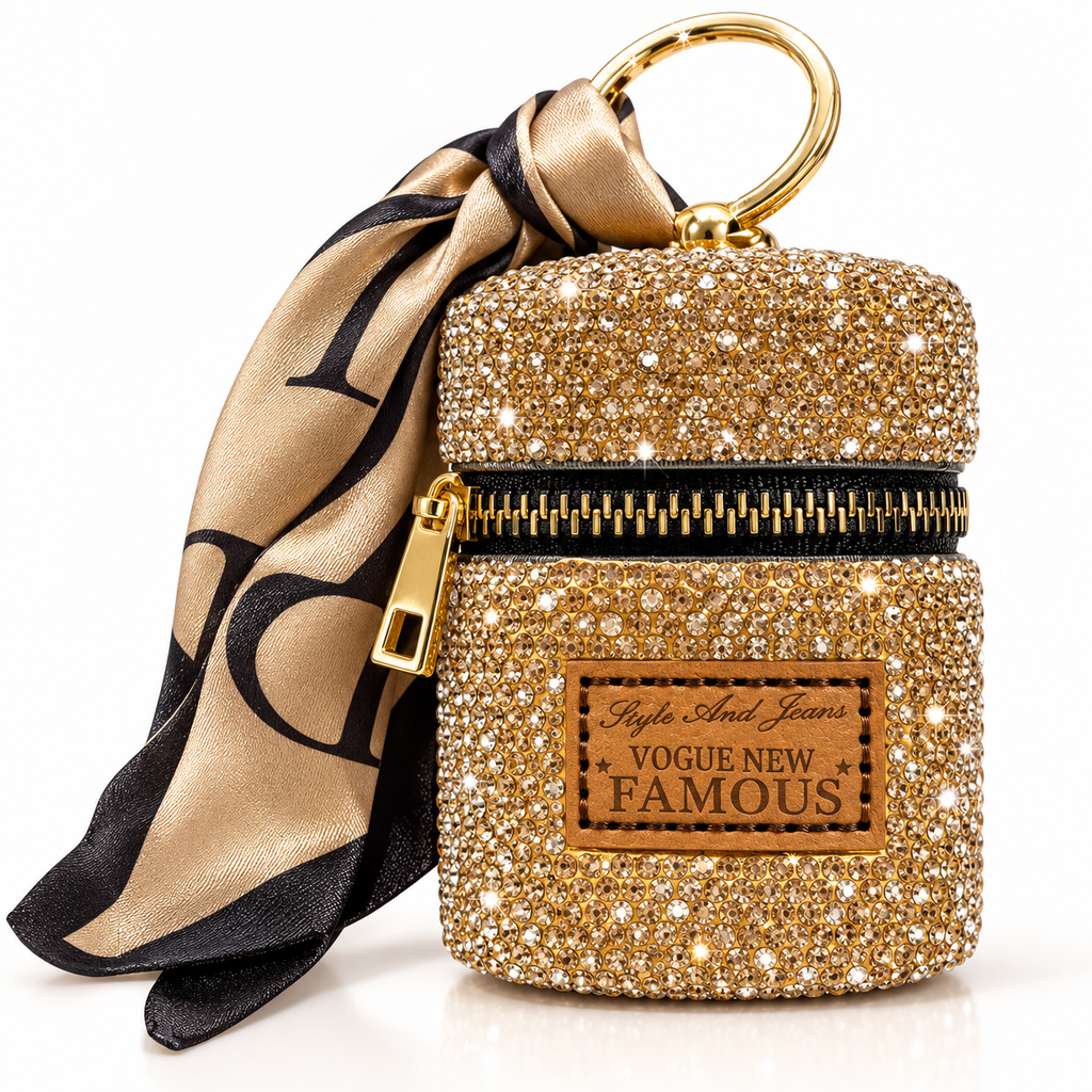 Porte-clé or mini pochette à strass avec fermeture zippée et foulard