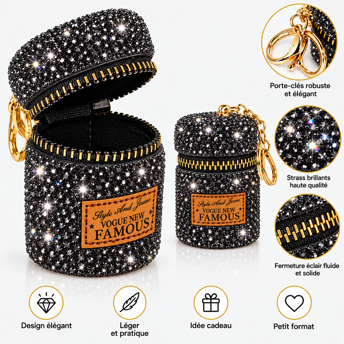 Porte-clé Black mini pochette à strass avec fermeture zippée et foulard