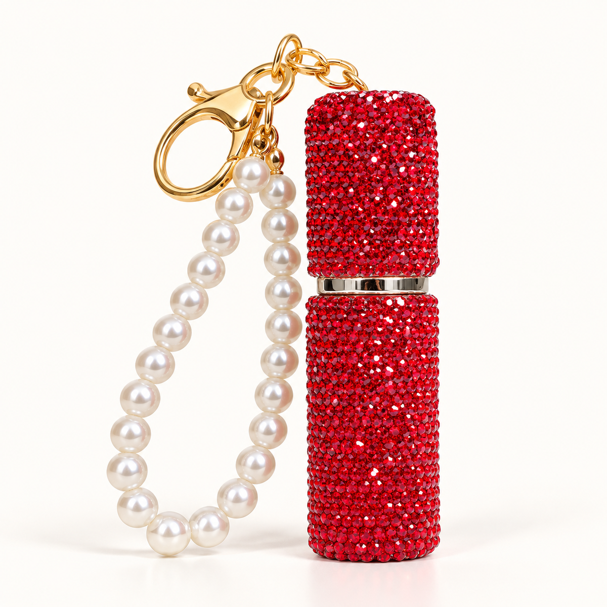 Porte-clé flacon rouge rechargeable de parfum à strass avec bracelet perlé