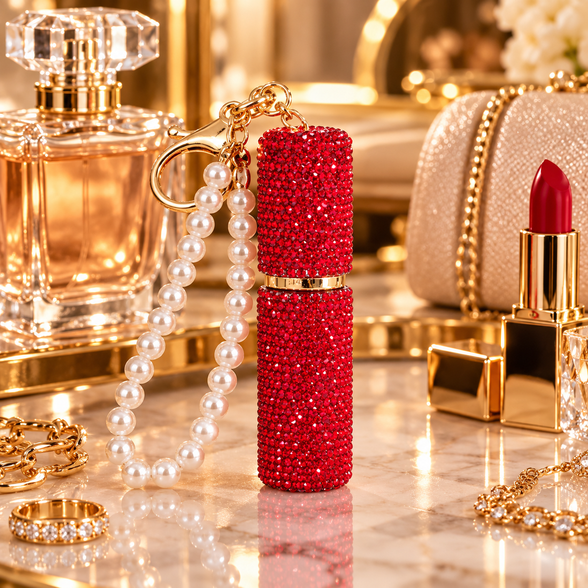 Porte-clé flacon rouge rechargeable de parfum à strass avec bracelet perlé