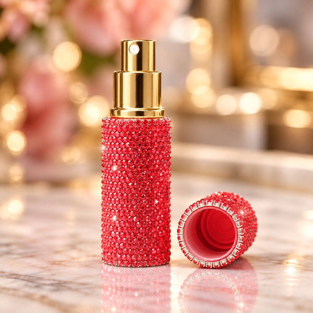 Porte-clé flacon rouge rechargeable de parfum à strass avec bracelet perlé