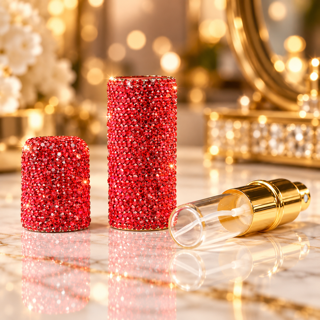 Porte-clé flacon rouge rechargeable de parfum à strass avec bracelet perlé