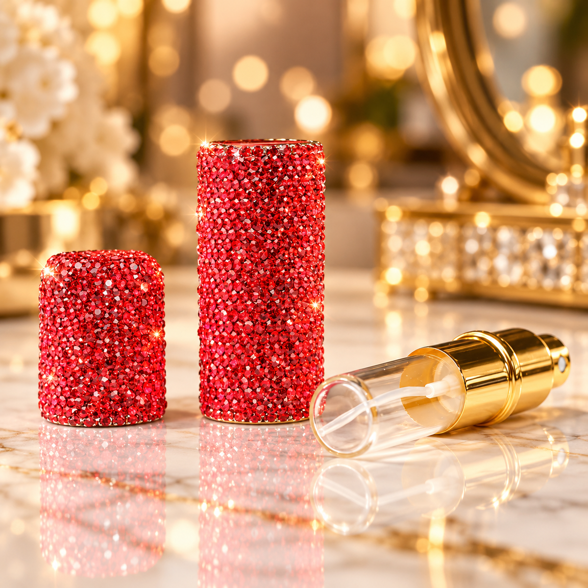 Porte-clé flacon rouge rechargeable de parfum à strass avec bracelet perlé