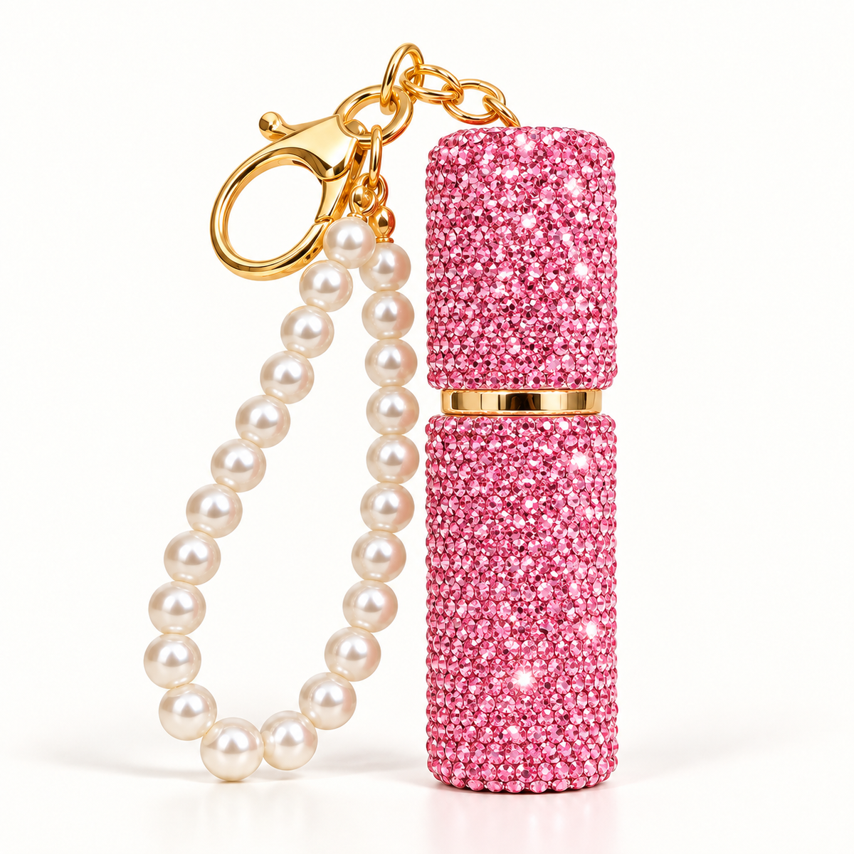 Porte-clé flacon rose rechargeable de parfum à strass avec bracelet perlé