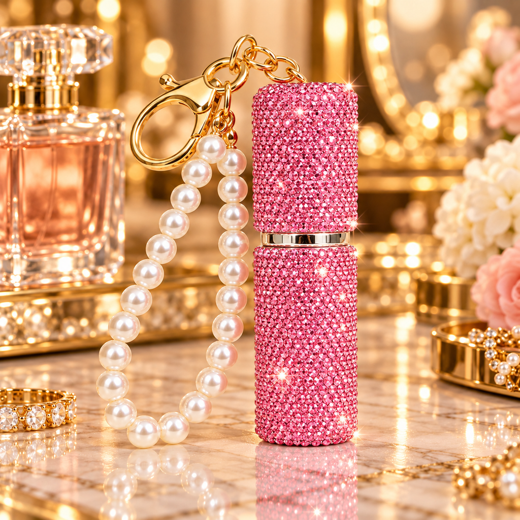 Porte-clé flacon rose rechargeable de parfum à strass avec bracelet perlé