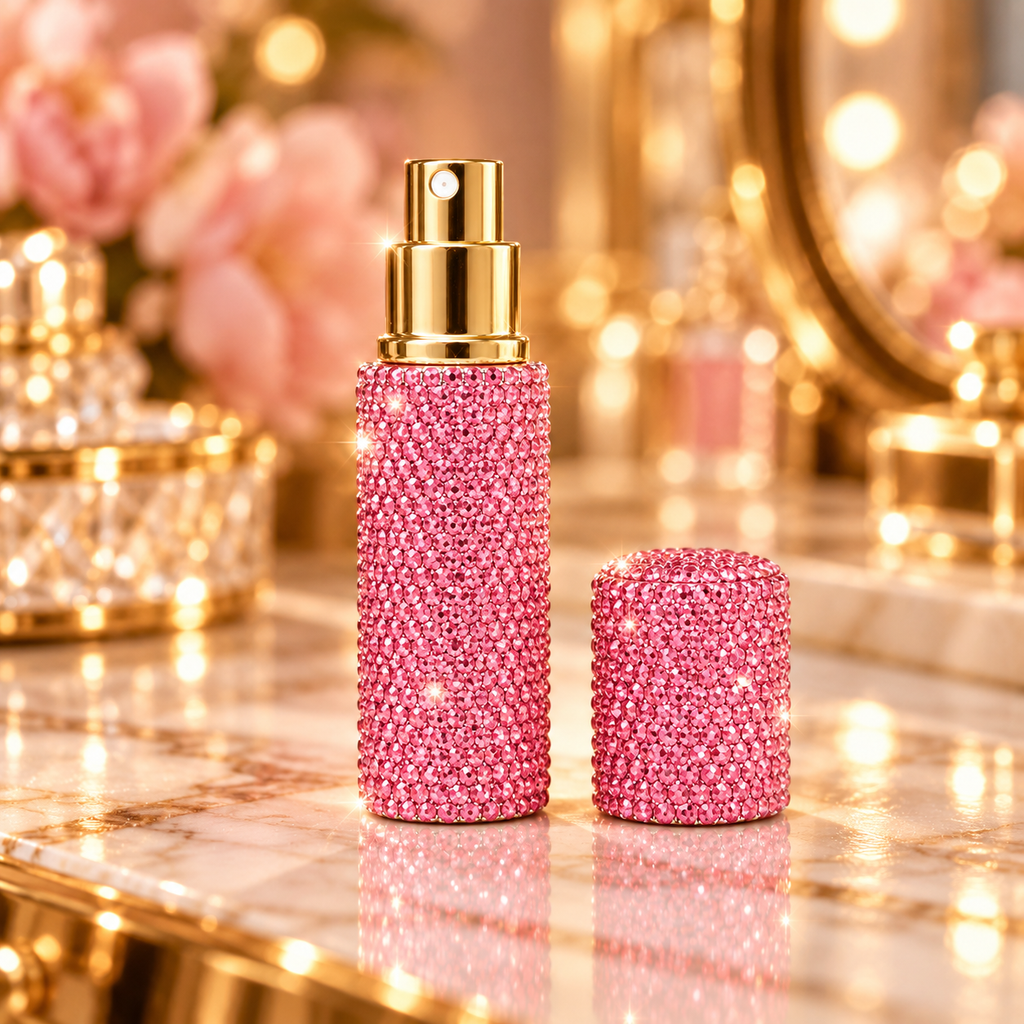 Porte-clé flacon rose rechargeable de parfum à strass avec bracelet perlé