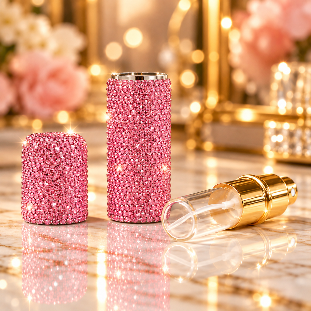 Porte-clé flacon rose rechargeable de parfum à strass avec bracelet perlé