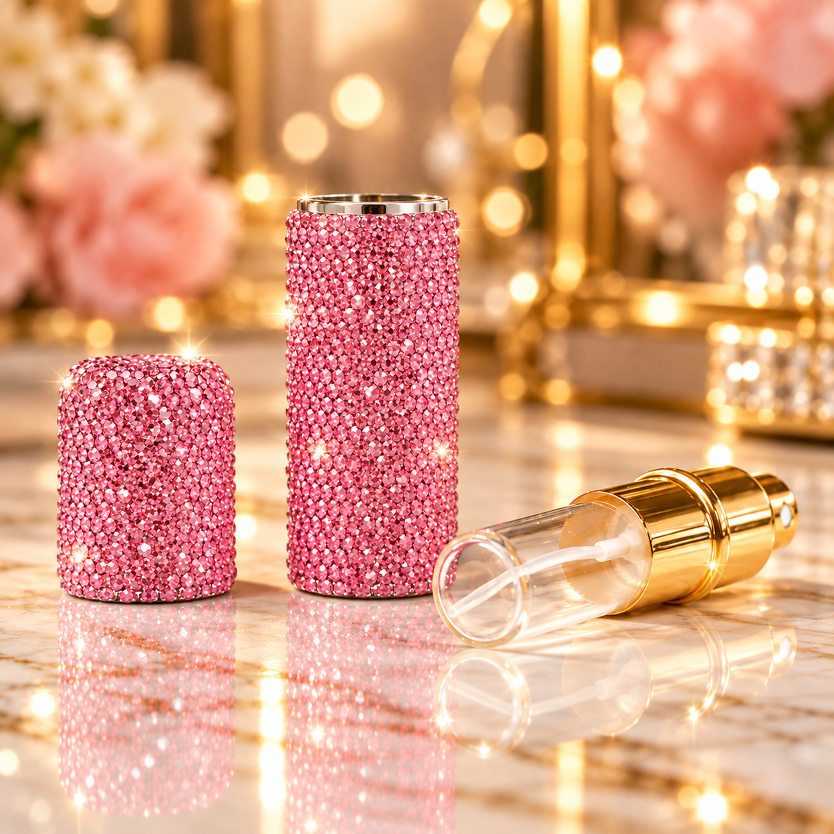 Porte-clé flacon rose rechargeable de parfum à strass avec bracelet perlé