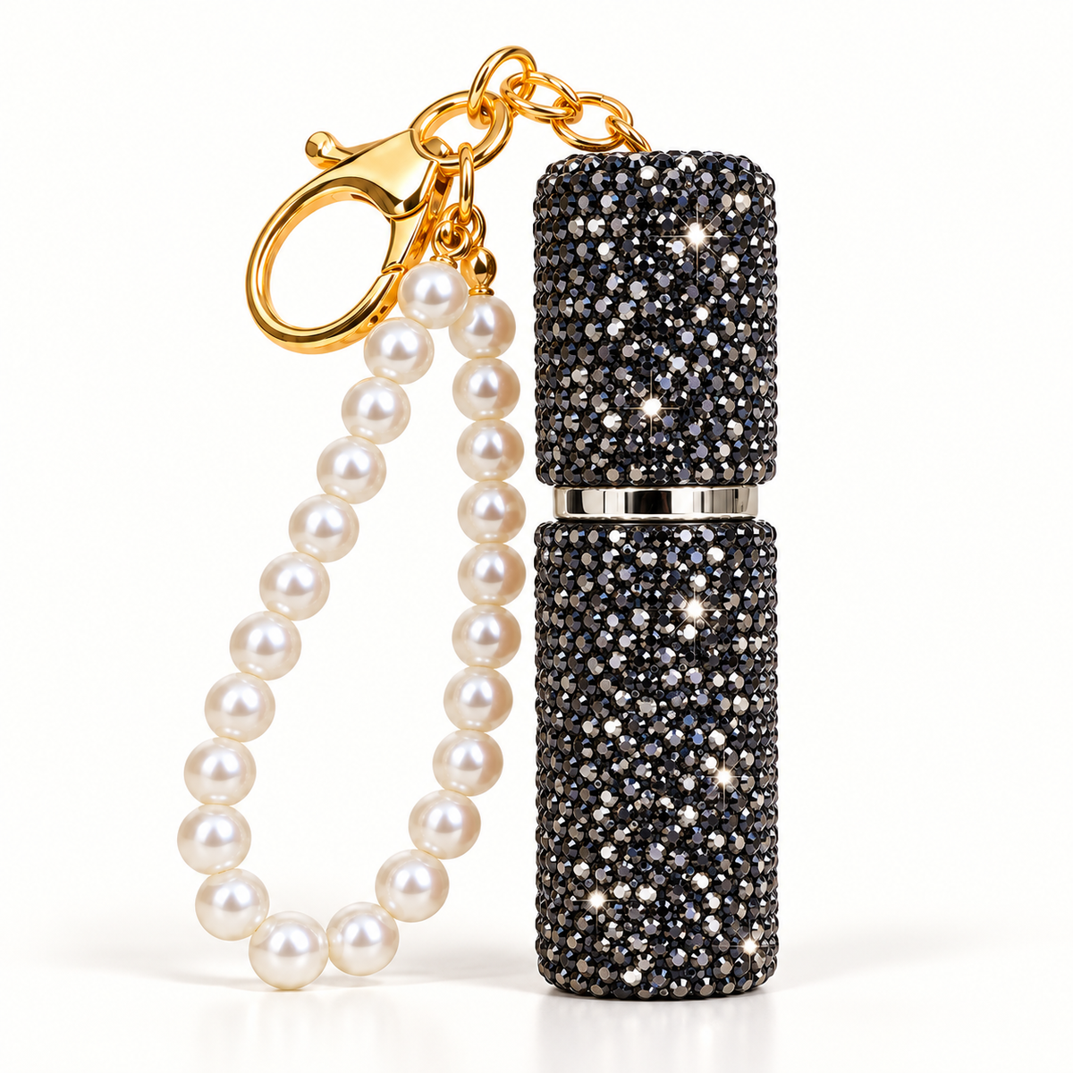 Porte-clé flacon noire rechargeable de parfum à strass avec bracelet perlé
