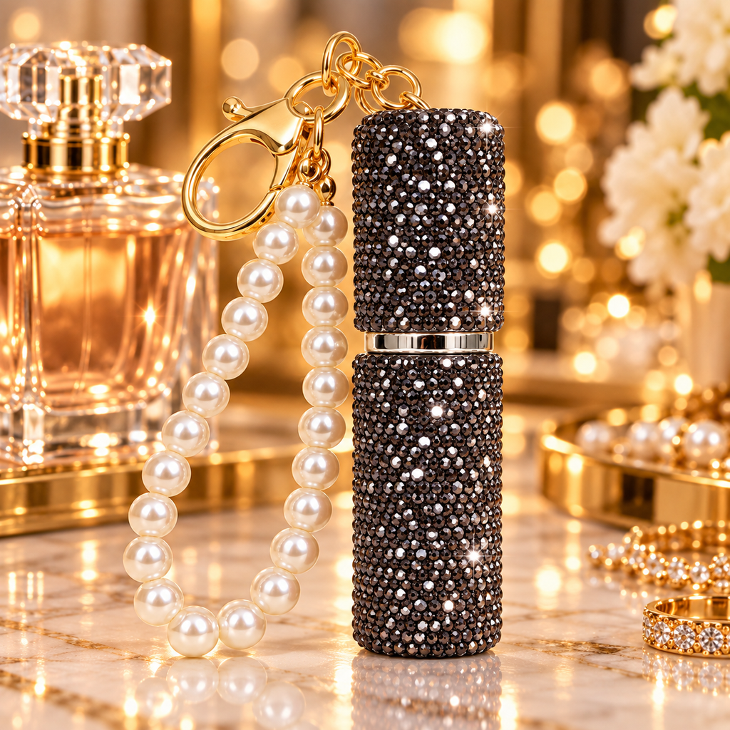 Porte-clé flacon noire rechargeable de parfum à strass avec bracelet perlé