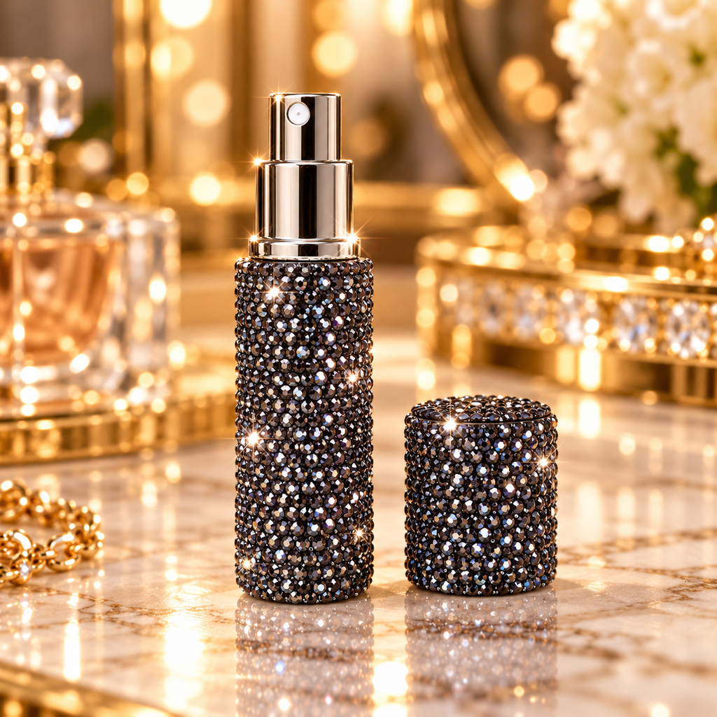 Porte-clé flacon noire rechargeable de parfum à strass avec bracelet perlé