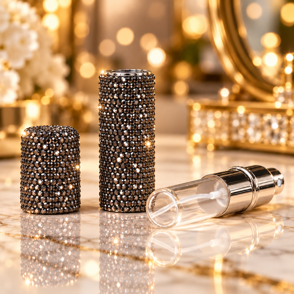 Porte-clé flacon noire rechargeable de parfum à strass avec bracelet perlé