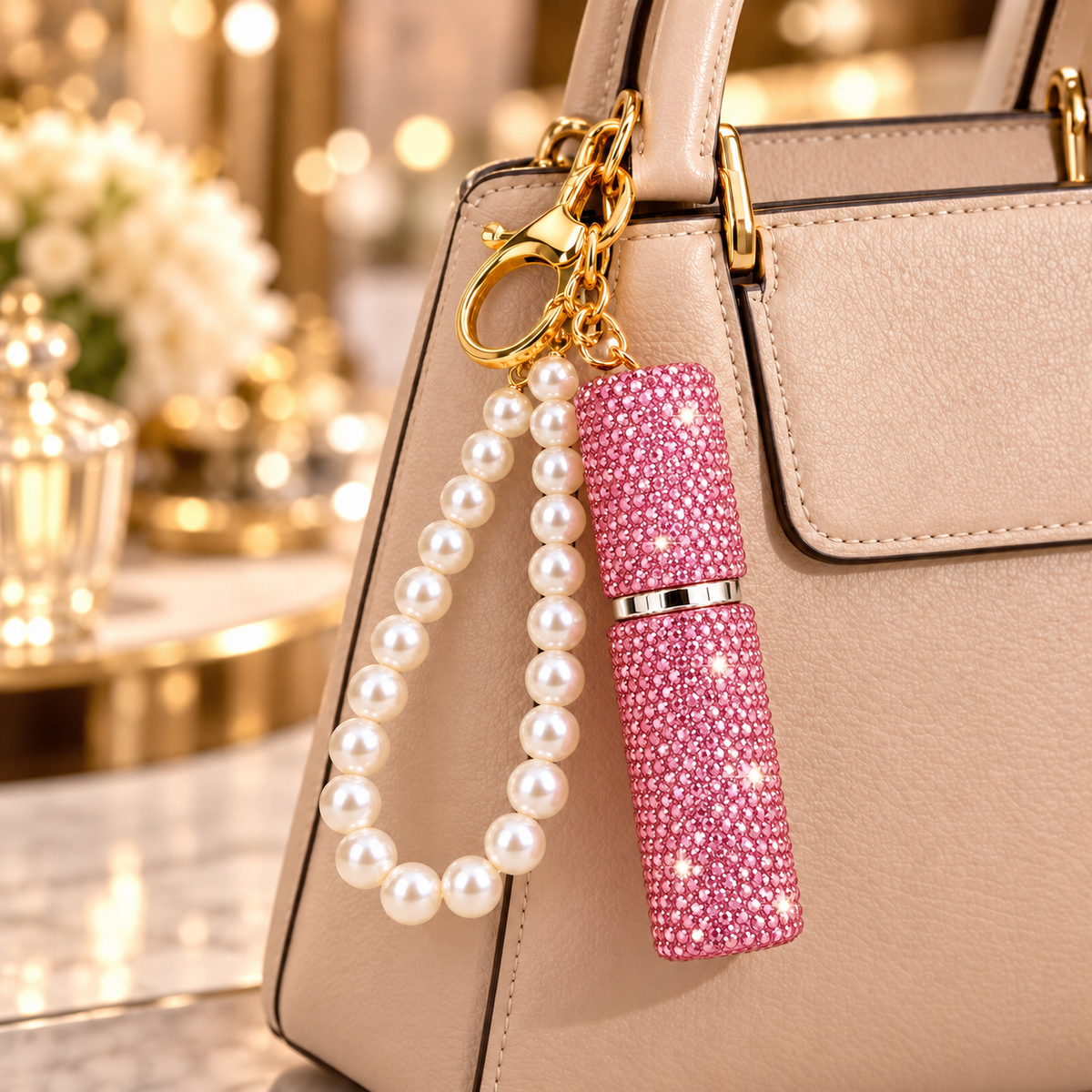 Porte-clé flacon rose rechargeable de parfum à strass avec bracelet perlé