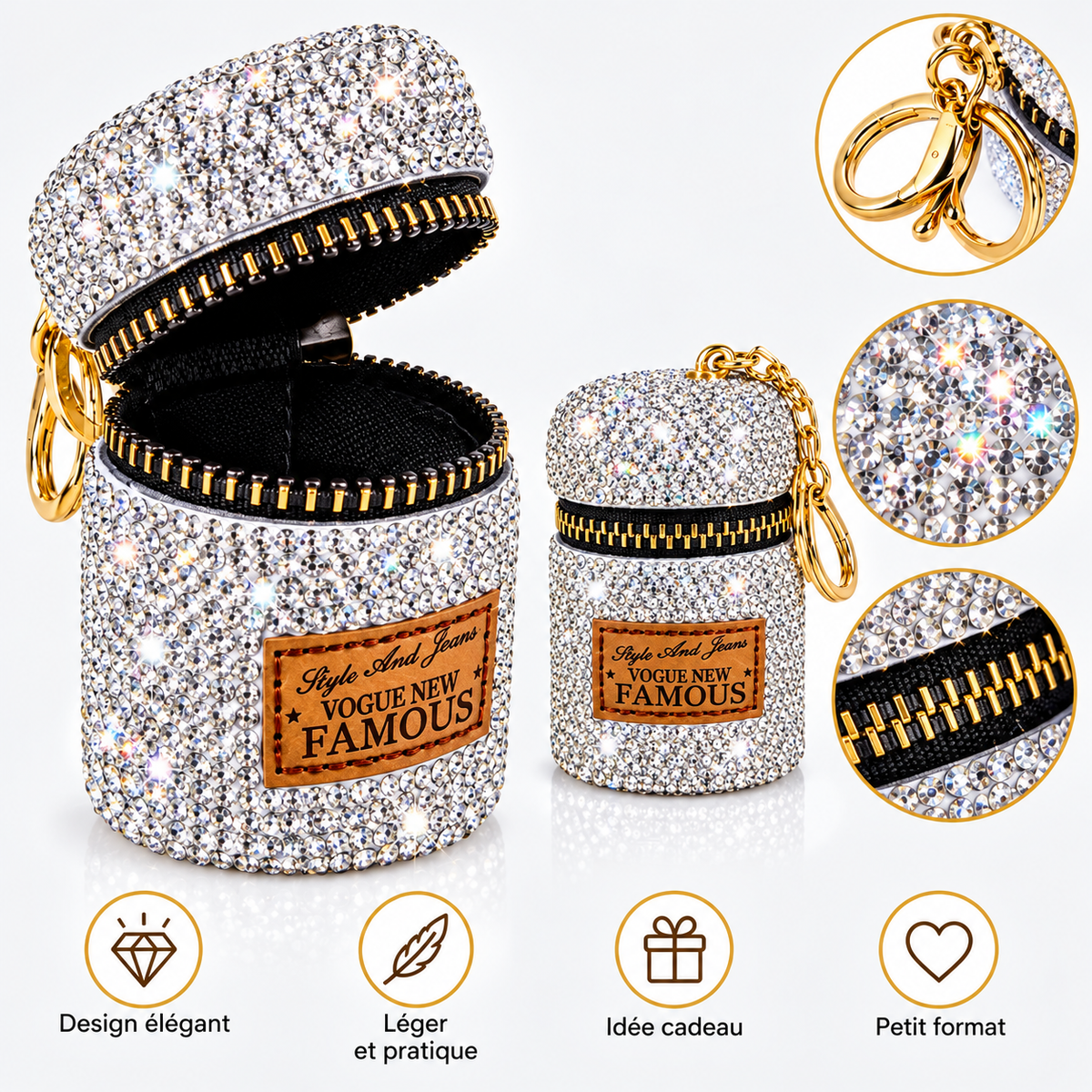 Porte-clé Argent mini pochette à strass avec fermeture zippée et foulard