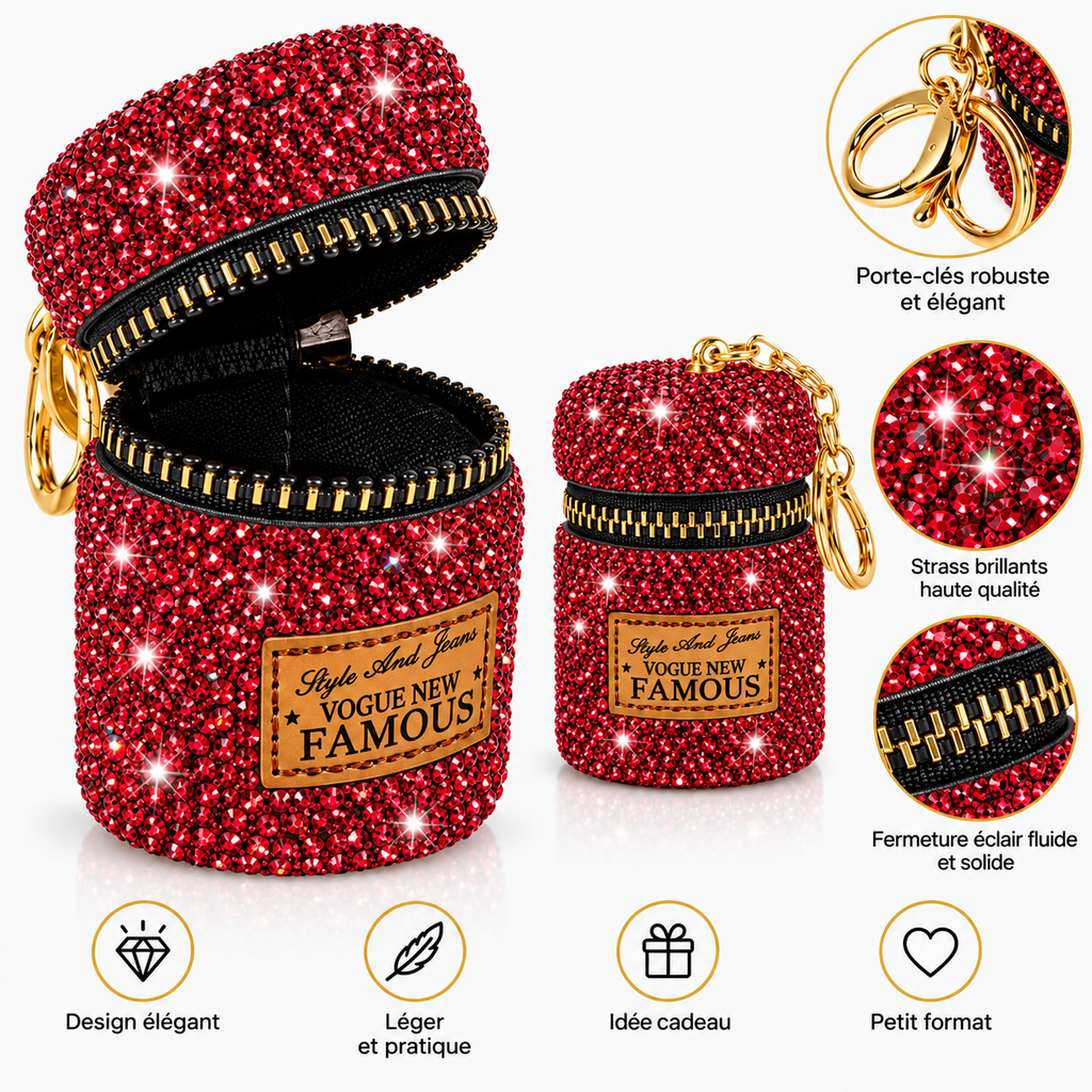 Porte-clé rouge mini pochette à strass avec fermeture zippée et foulard