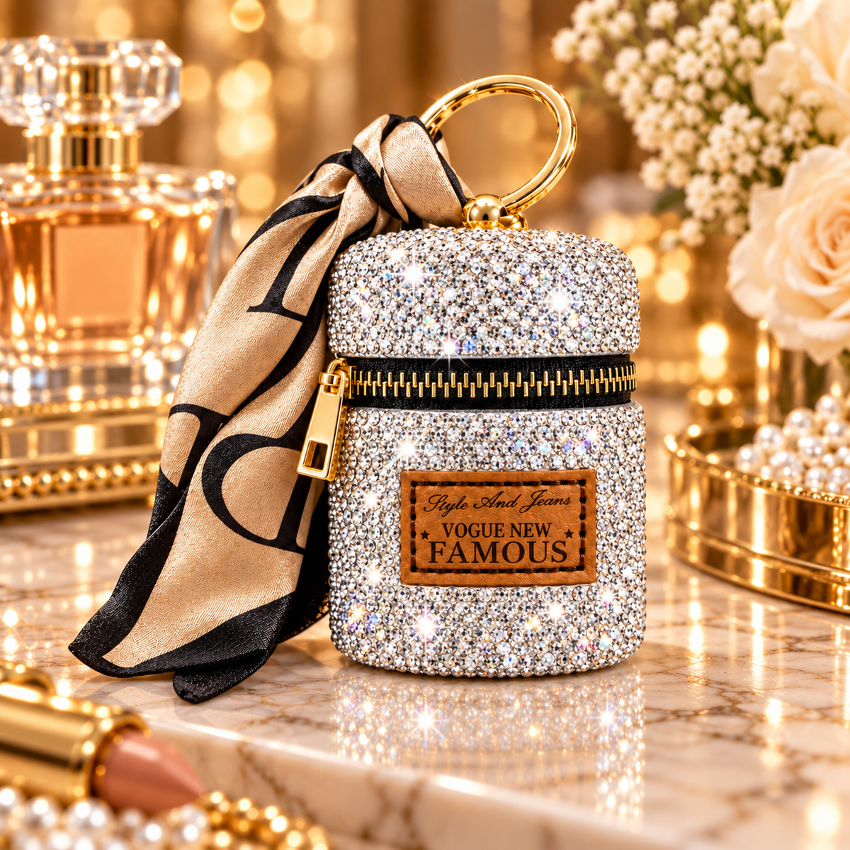 Porte-clé Argent mini pochette à strass avec fermeture zippée et foulard