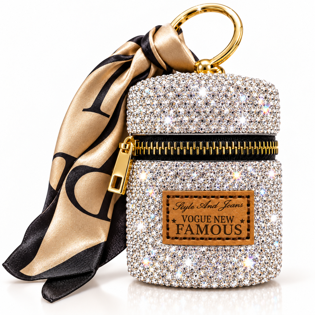 Porte-clé Argent mini pochette à strass avec fermeture zippée et foulard