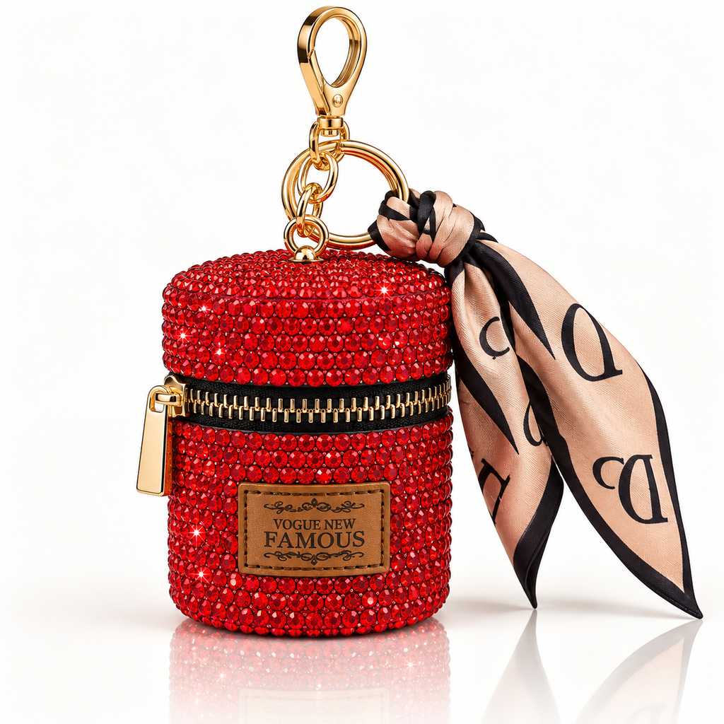 Porte-clé rouge mini pochette à strass avec fermeture zippée et foulard