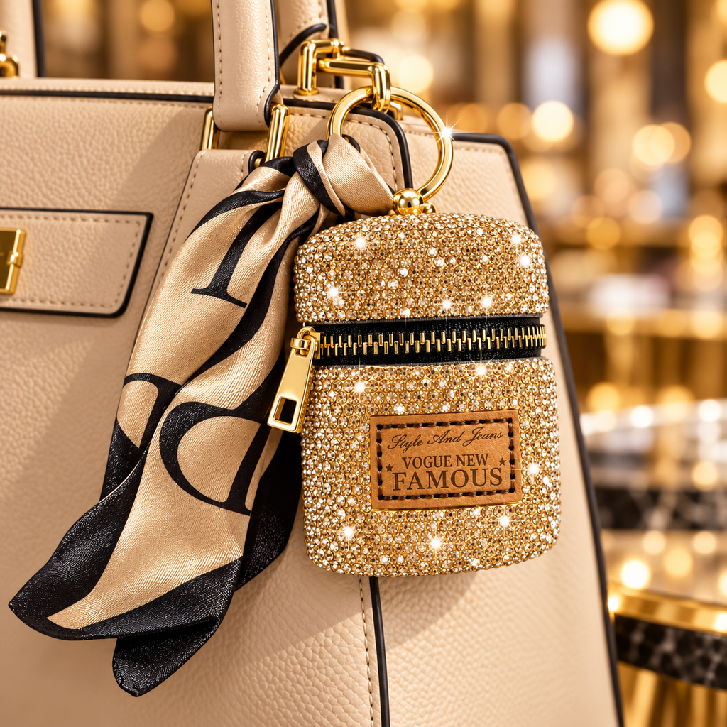 Porte-clé or mini pochette à strass avec fermeture zippée et foulard
